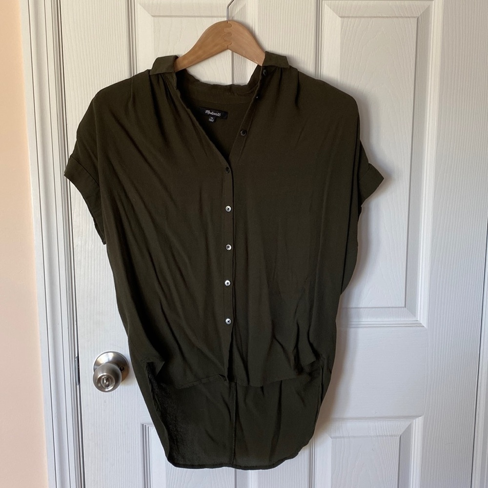Madewell silk flowy drapey olive green shirt XS